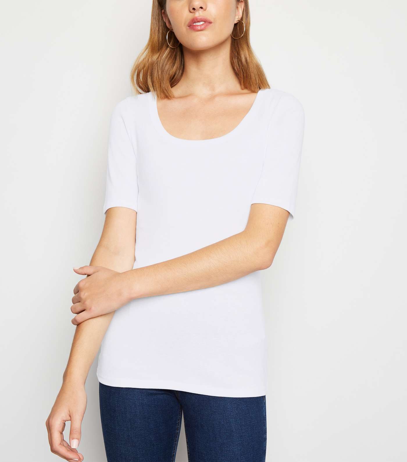 White Ribbed Scoop Neck T-Shirt
