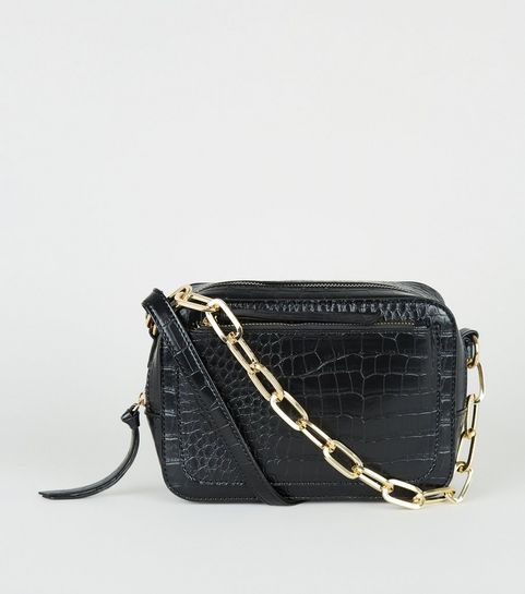 Black Faux Croc Chain Camera Bag