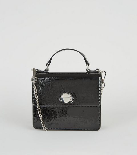 Black Faux Croc Top Handle Cross Body Bag