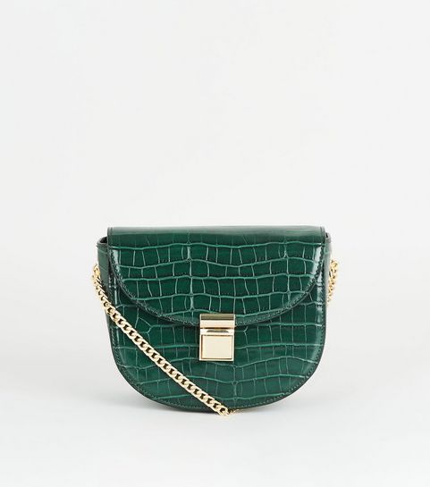 Dark Green Faux Croc Saddle Bag
