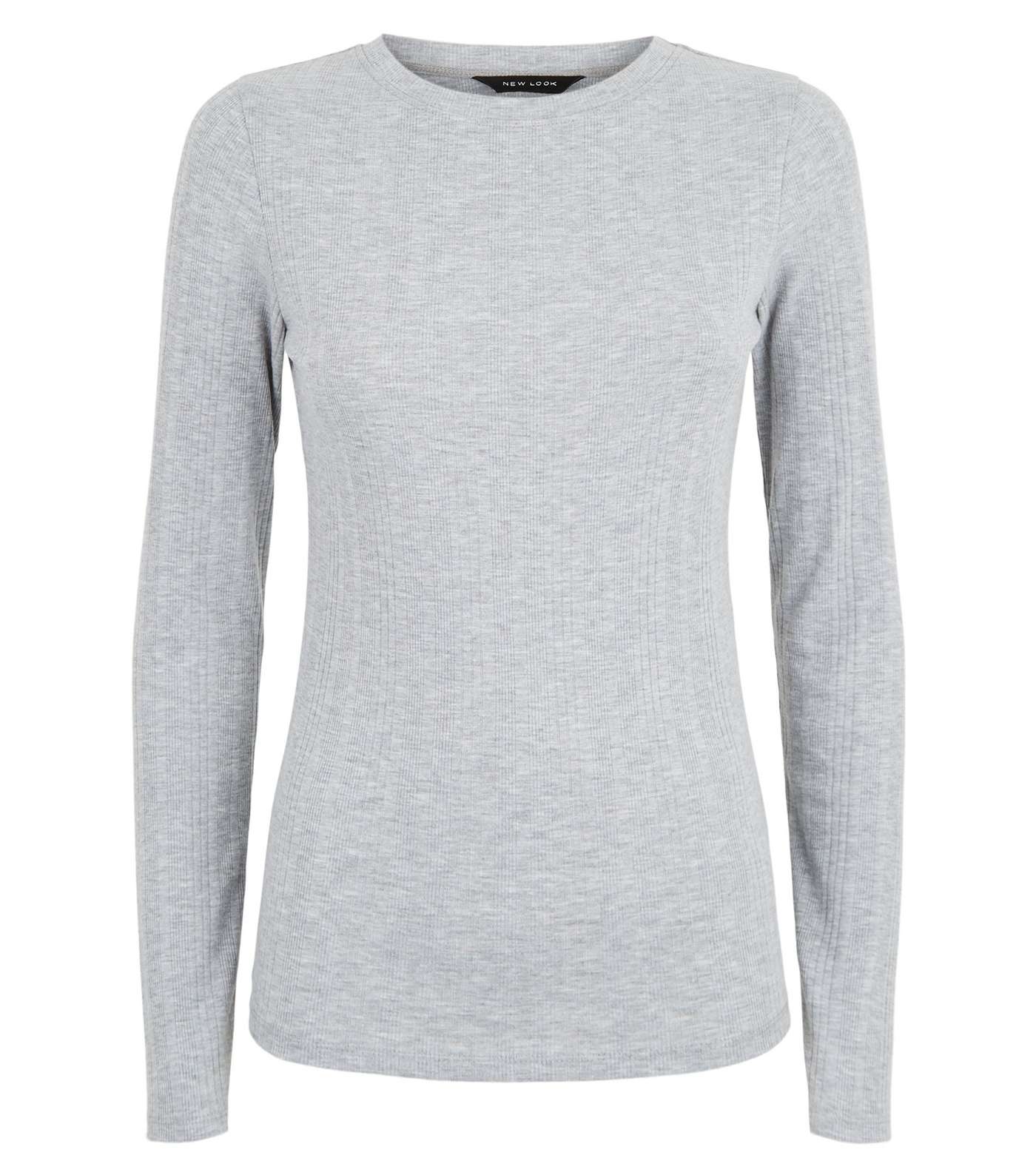 Grey Marl Ribbed Stretch Long Sleeve T-Shirt Image 4