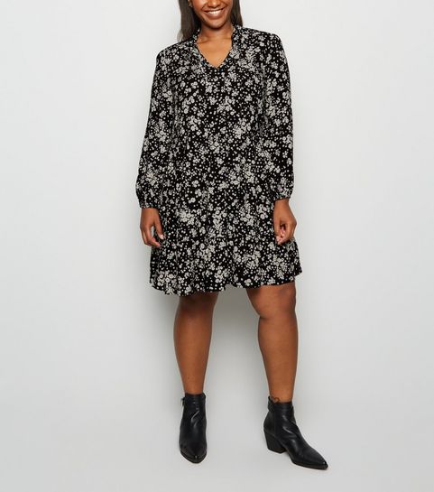 Curves Black Daisy Tie Neck Dress