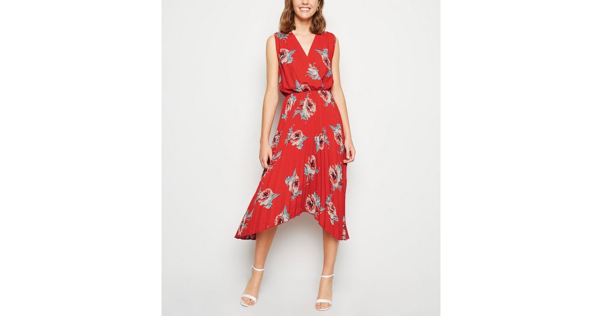 Red Floral Pleated Hanky Hem Midi Dress | New Look