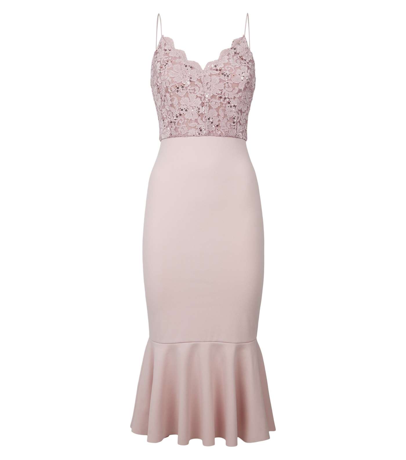 Pale Pink Sequin Lace Fishtail Midi Dress Image 4