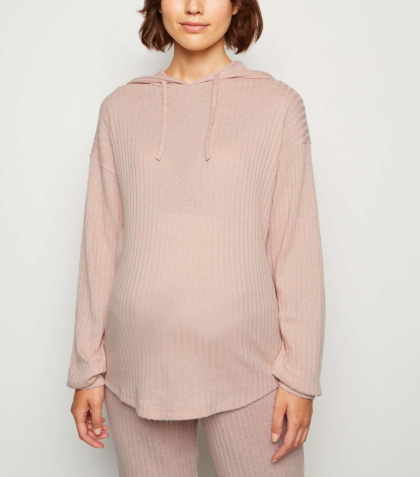 Maternity Pale Pink Ribbed Fine Knit Hoodie