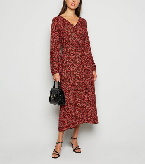 Red Ditsy Floral Button Up Midi Dress