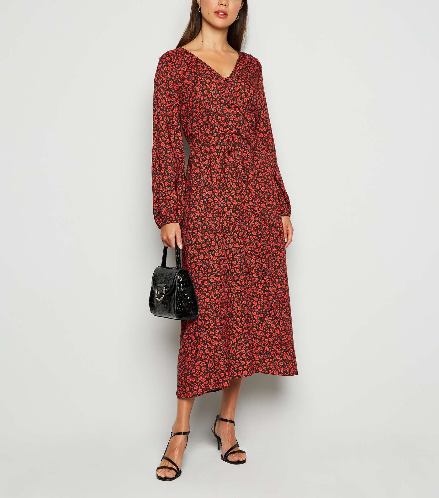 Red Ditsy Floral Button Up Midi Dress