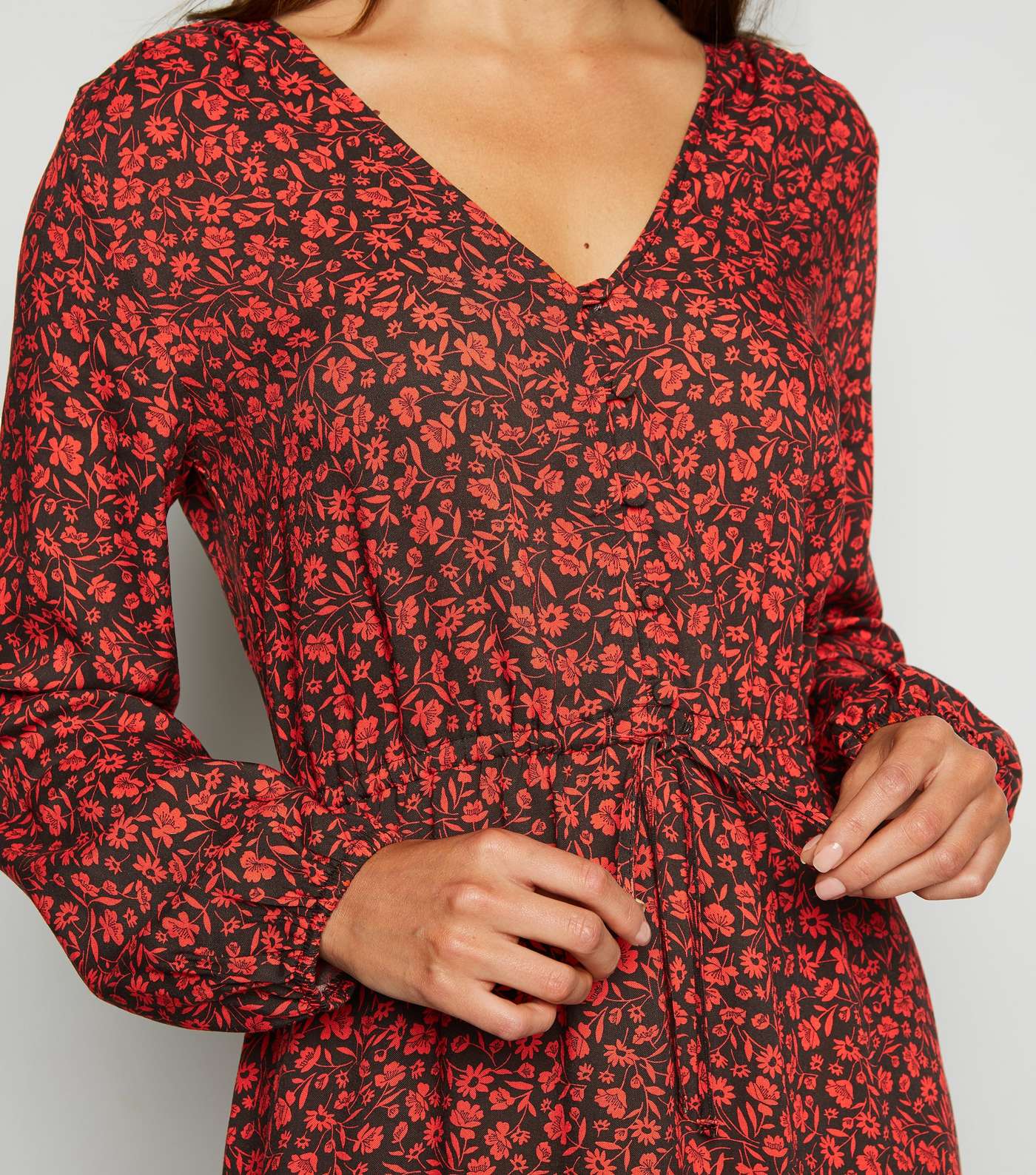 Red Ditsy Floral Button Up Midi Dress Image 3