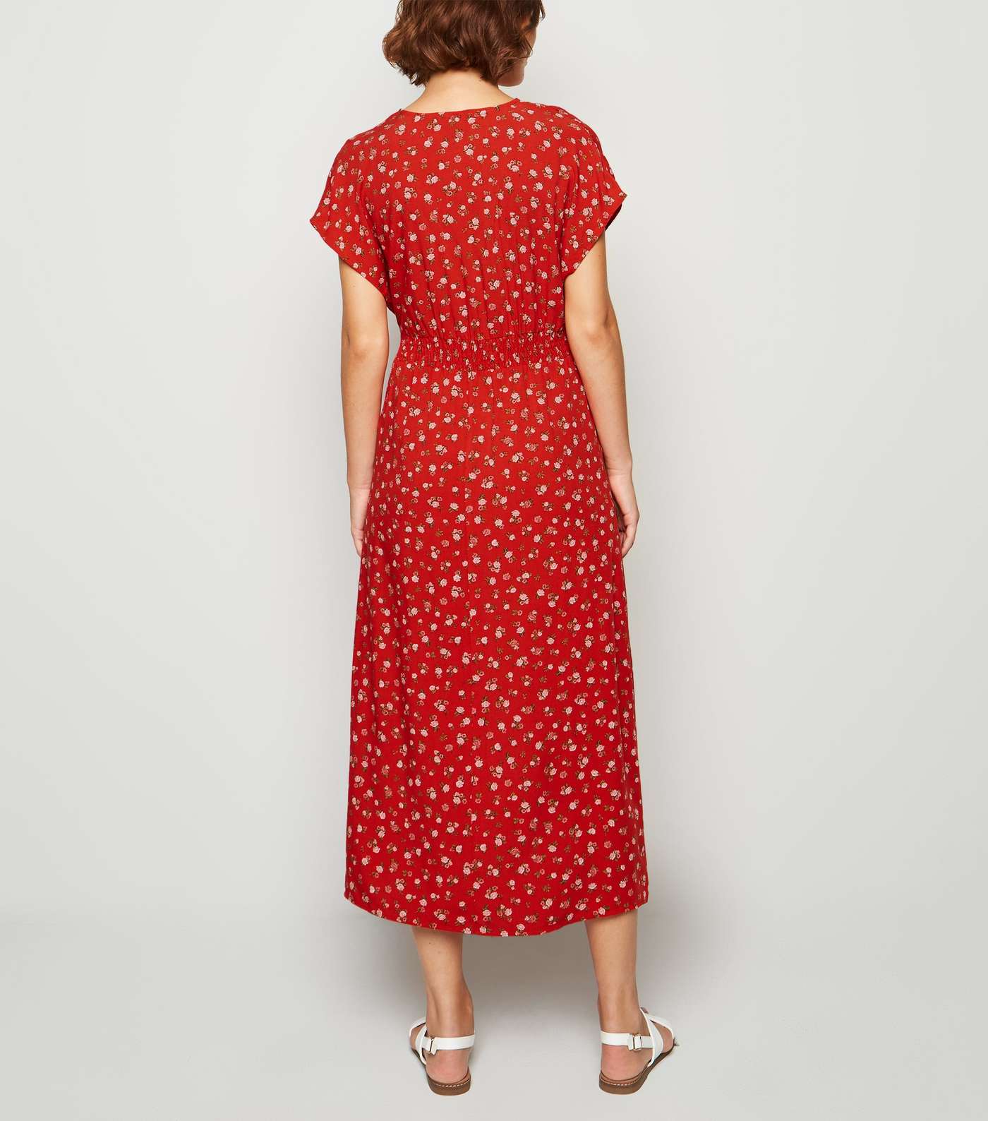 Maternity Red Floral Shirred Waist Midi Dress Image 3