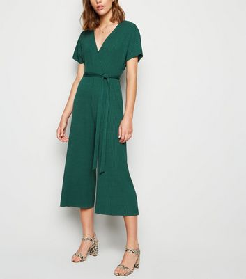 Dark Green Ribbed Jersey Wrap Jumpsuit | New Look