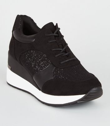 Black Suedette Glitter Panel Chunky Trainers | New Look