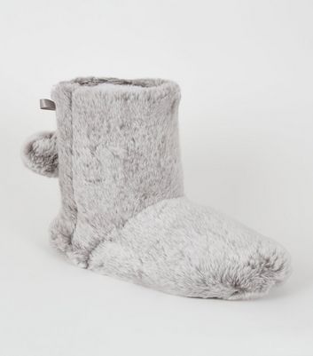 Grey Faux Fur Boot Slippers | New Look