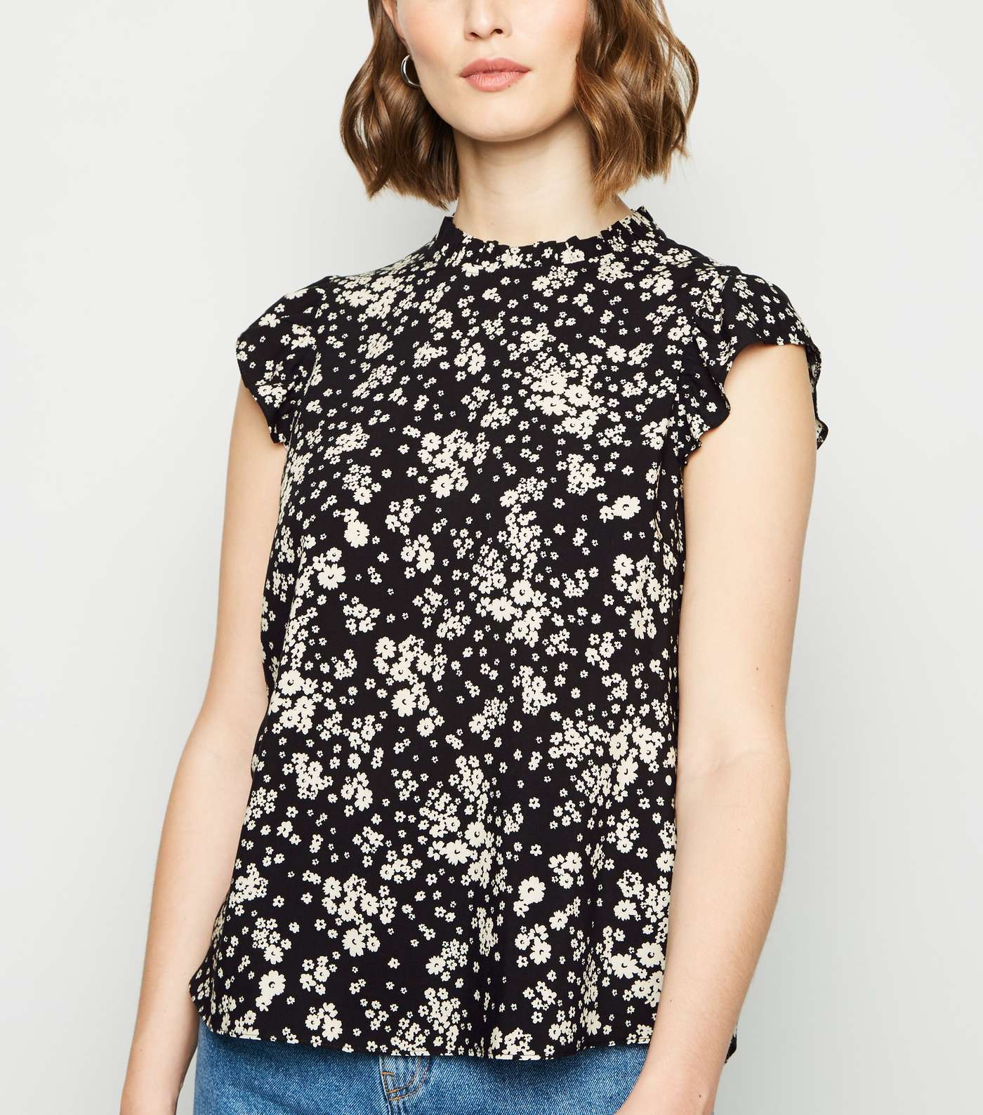 Black Ditsy Floral High Neck Frill Top