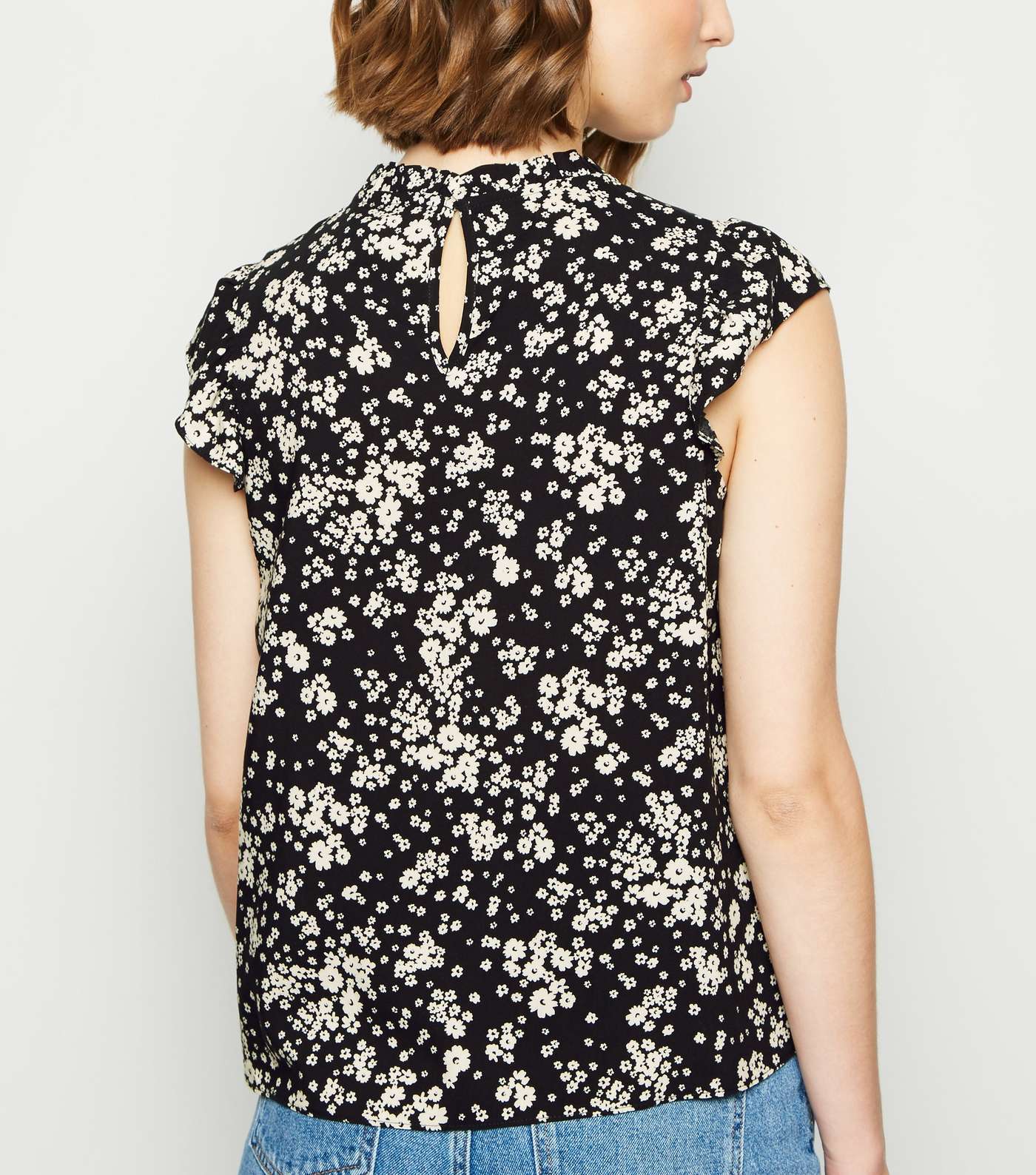 Black Ditsy Floral High Neck Frill Top Image 3