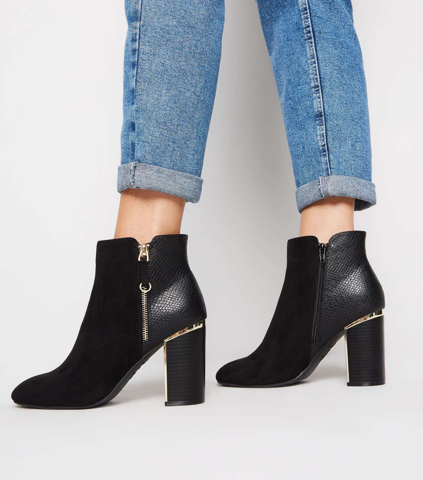 Black Faux Snake Panel Heeled Ankle Boots  Image 2