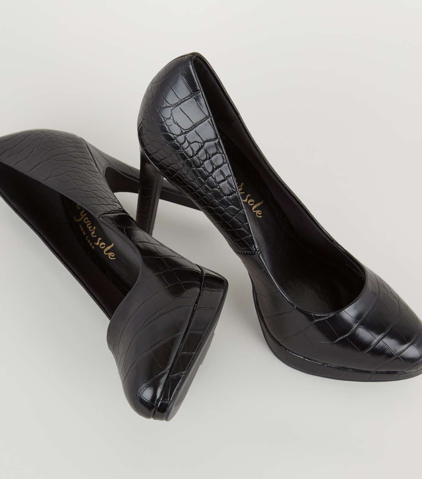 Black Faux Croc Platform Court Shoes Image 3