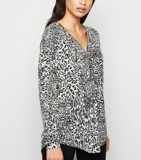 Mela Grey Leopard Zip Front Jumper