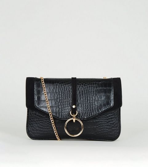 Black Faux Croc Ring Front Clutch Bag
