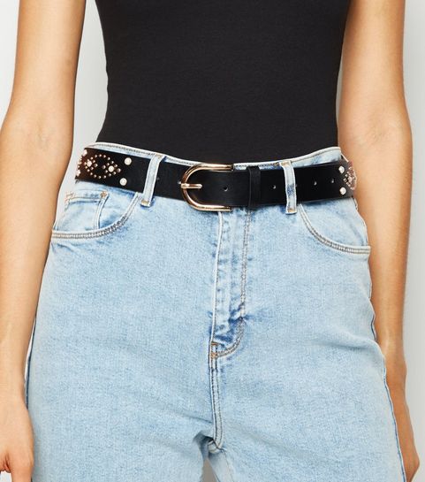 Ceinture pour jean noire cloutée à perles fantaisie