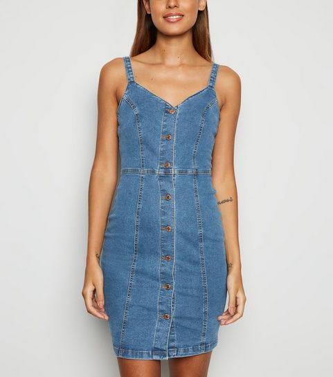 Thee4de New Look Button Through Denim Dress In Indigo