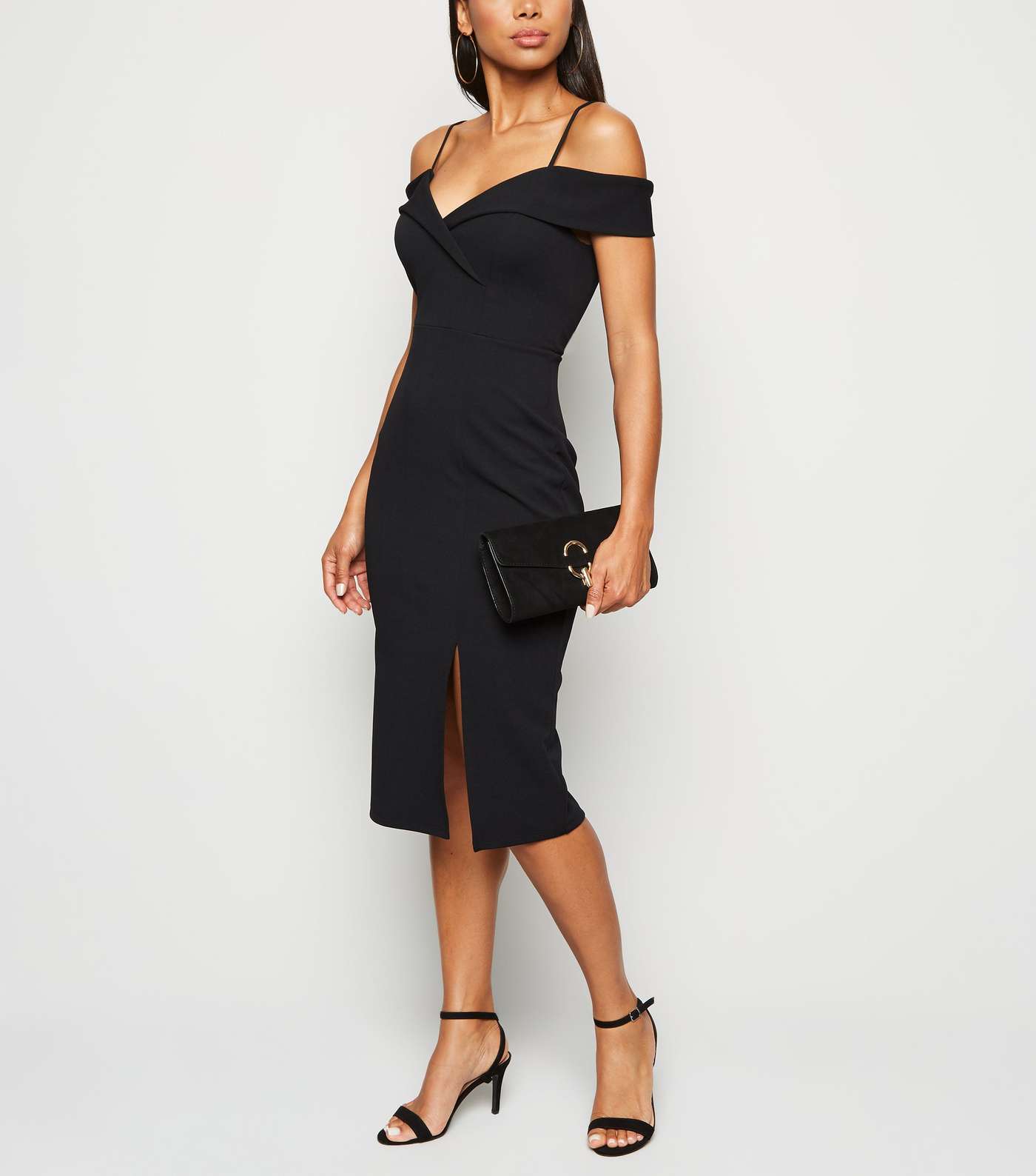 Black Bardot Side Split Midi Dress