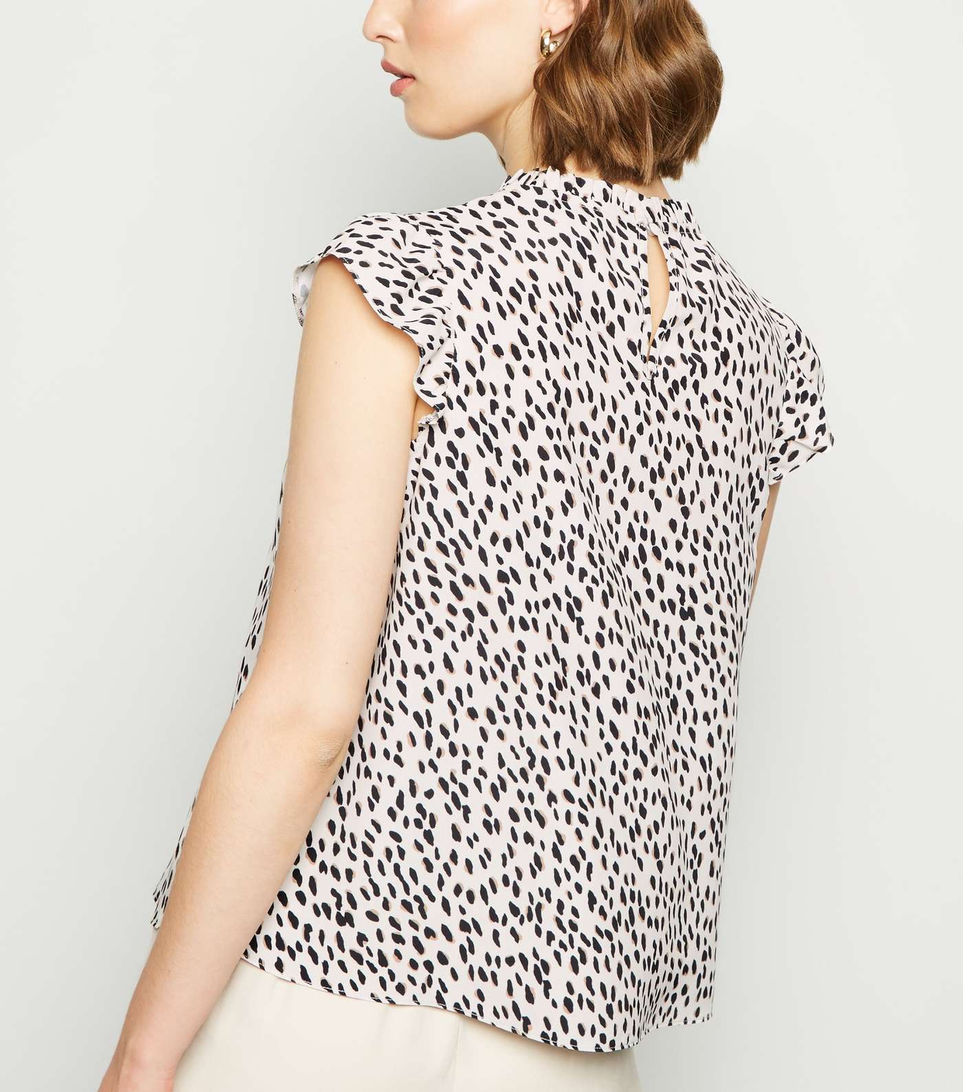 White Abstract Spot High Neck Frill Top Image 3