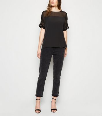 Image of Black Chiffon Sequin Trim Top New Look