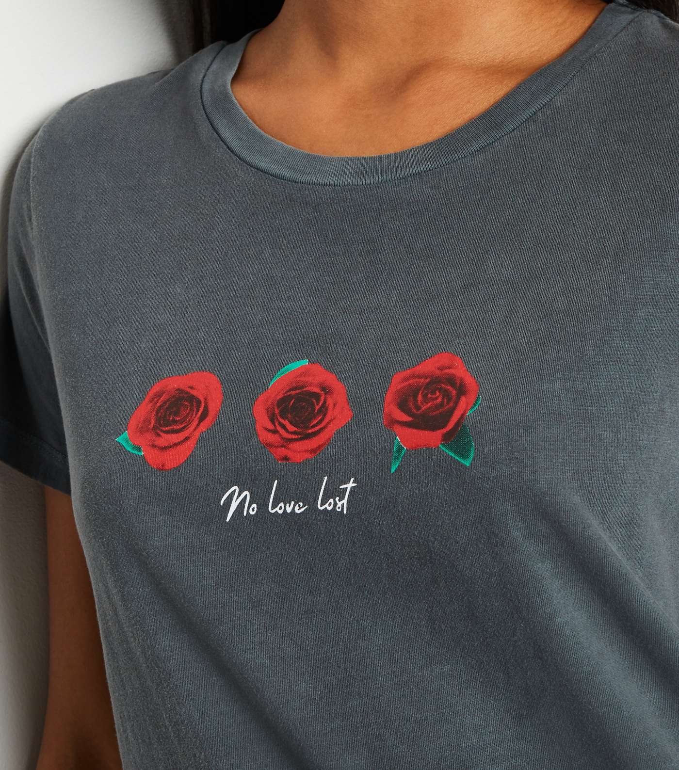 Petite Dark Grey Acid Wash Rose Love Slogan T-Shirt Image 3