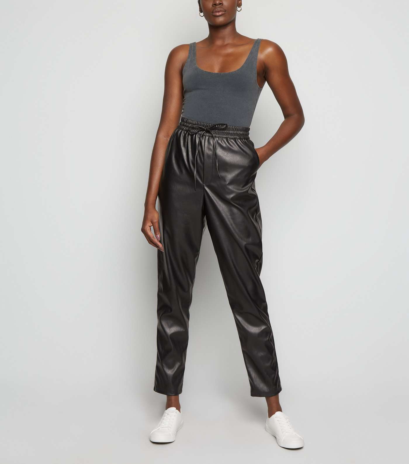 Tall Black Coated Leather-Look Joggers Image 6