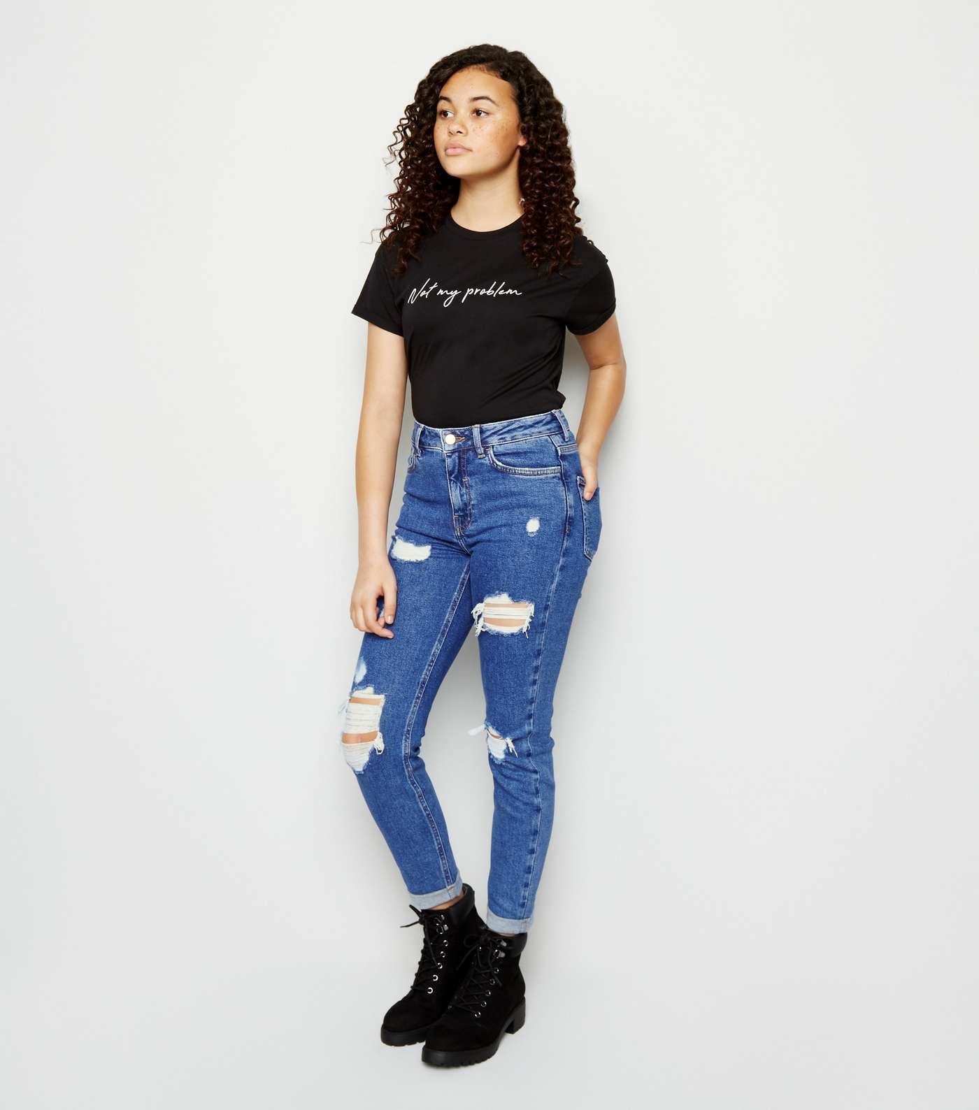 Girls Bright Blue Ripped Stretch Mom Jeans