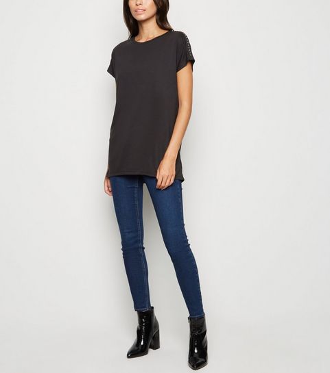 Black Stud Shoulder Longline T-Shirt