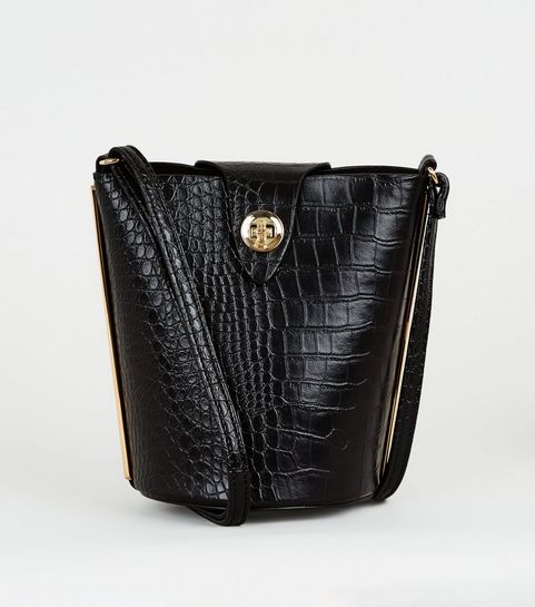 Black Patent Faux Croc Bucket Bag