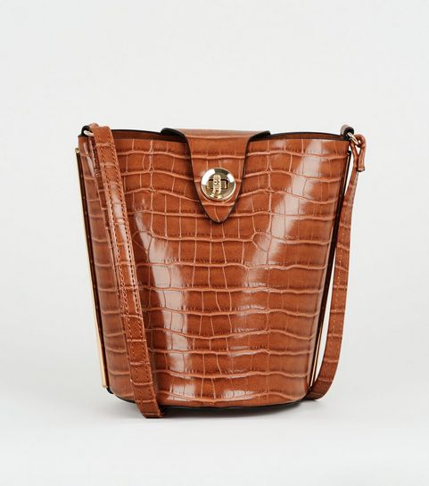 Tan Patent Faux Croc Bucket Bag