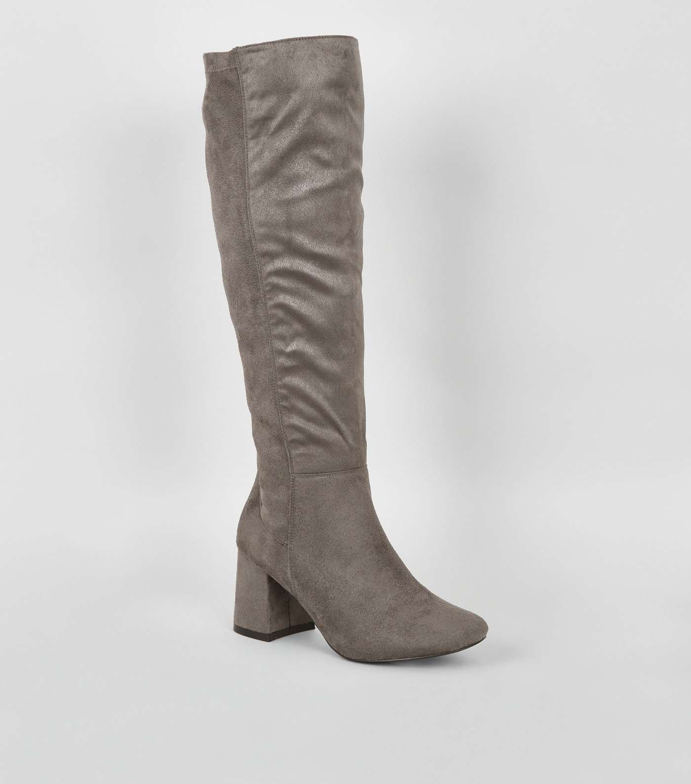 Wide Fit Grey Flared Heel Knee High Boots