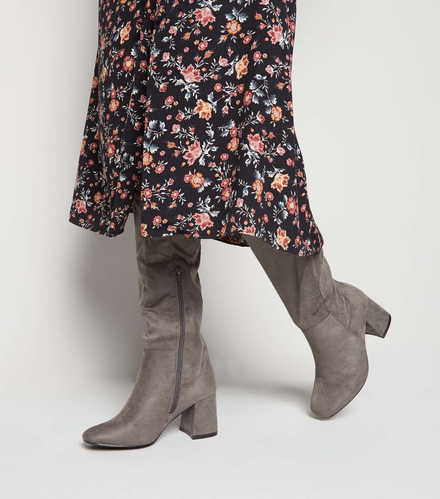 Wide Fit Grey Flared Heel Knee High Boots Image 5