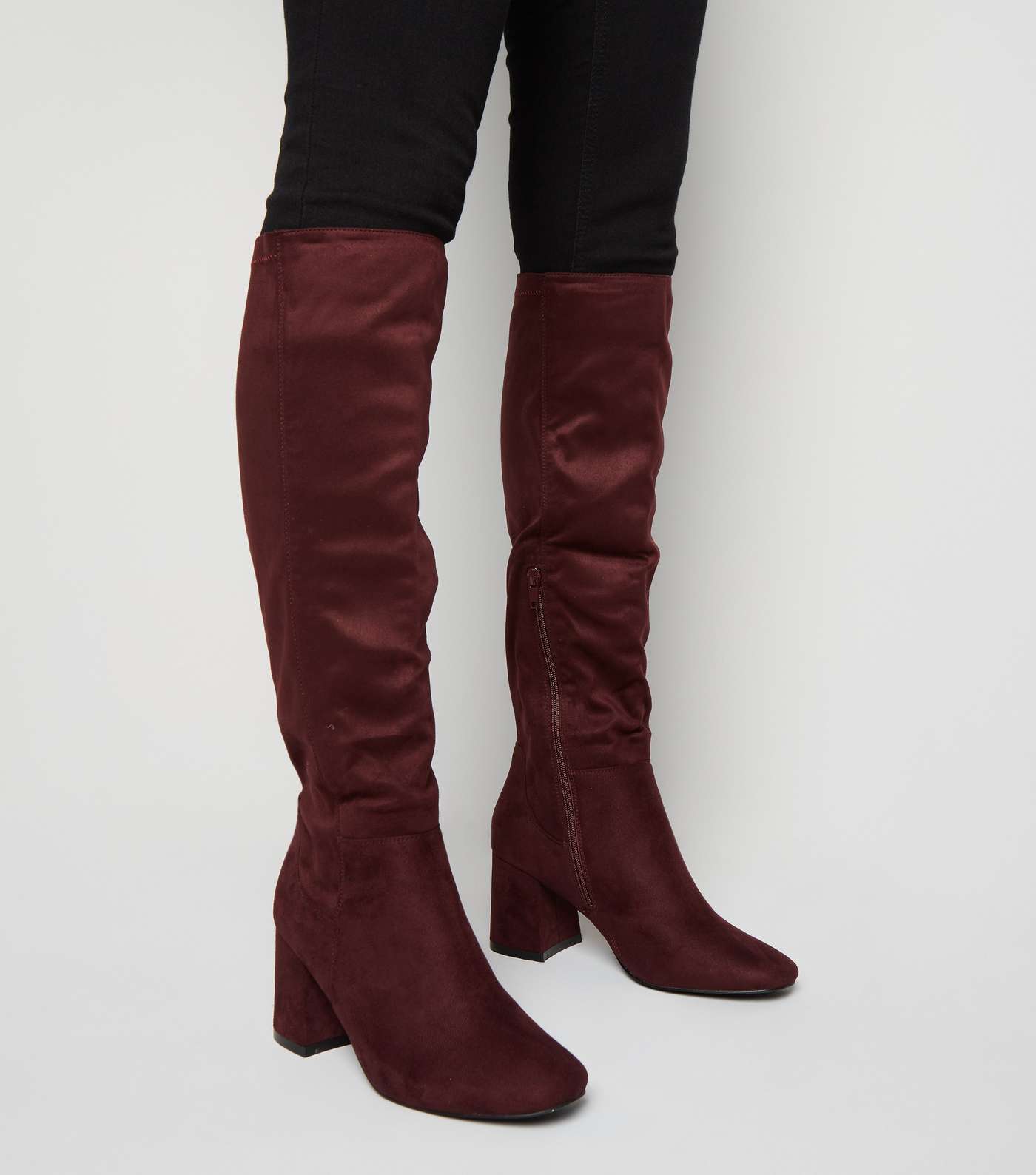 Wide Fit Dark Red Flared Heel Knee High Boots Image 2