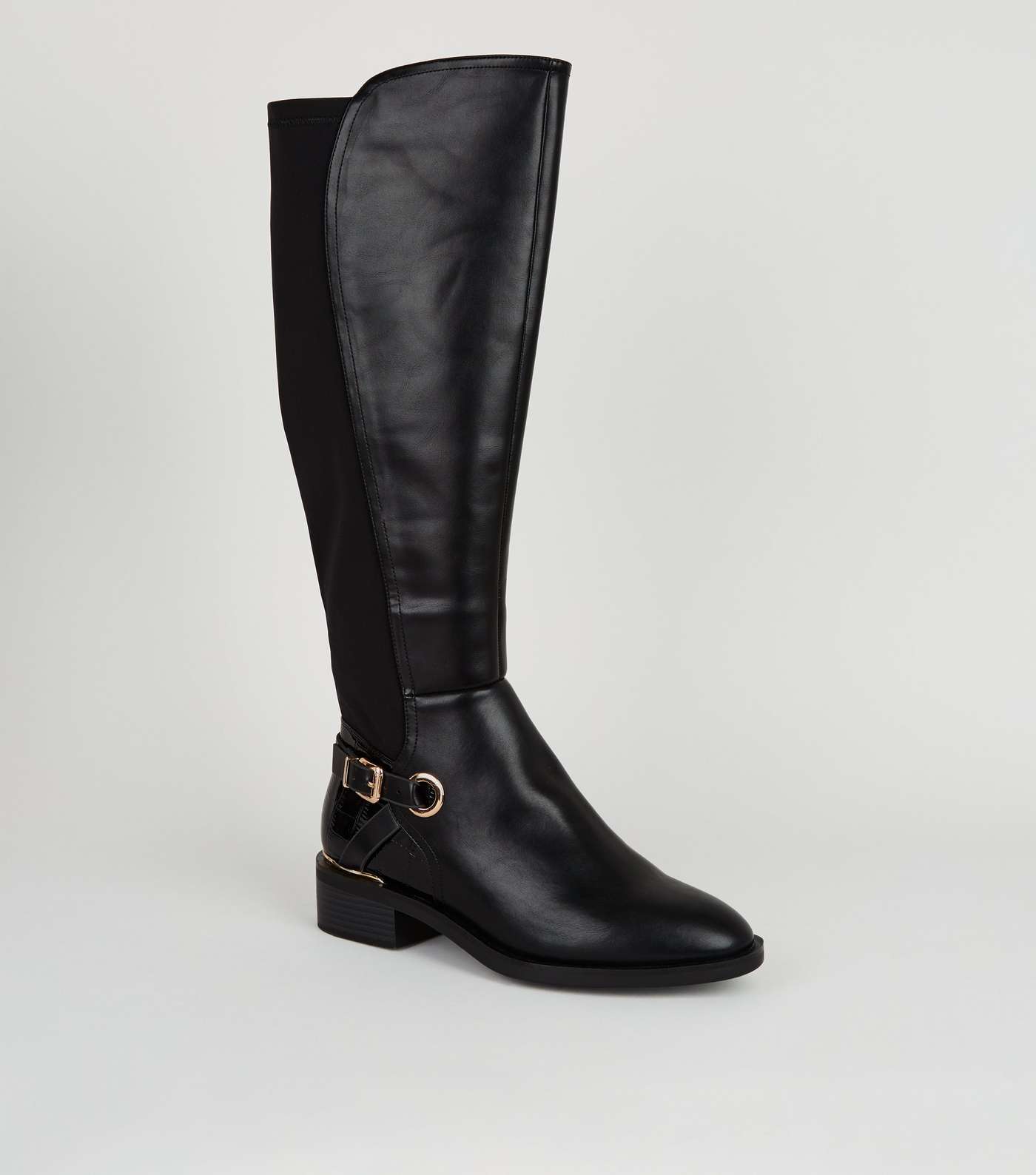 Extra Calf Fit Black Leather-Look Knee High Boots