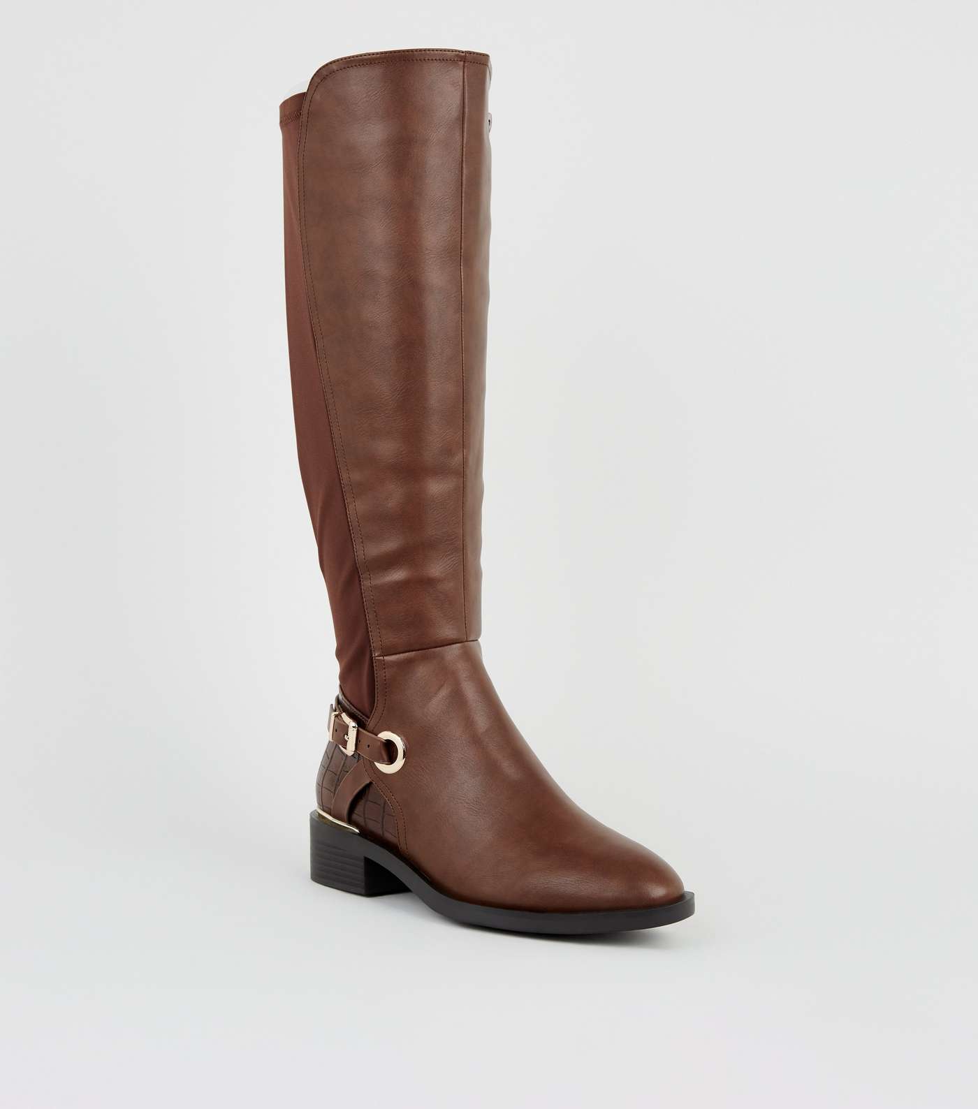 Extra Calf Fit Tan Leather-Look Knee High Boots