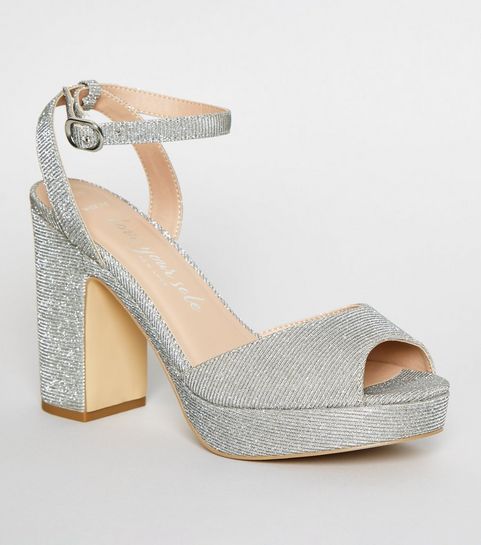 Wide Fit Silver Glitter Platform Block Heels