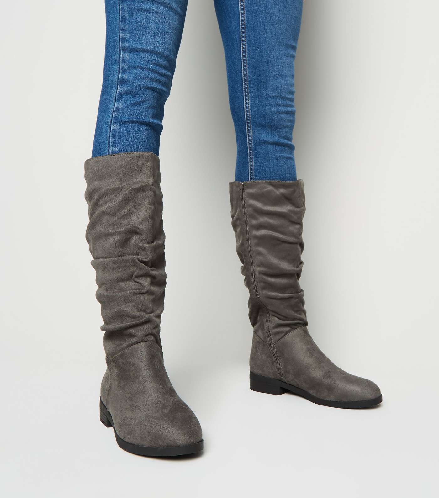 Wide Fit Grey Suedette Ruched Knee High Boots  Image 2