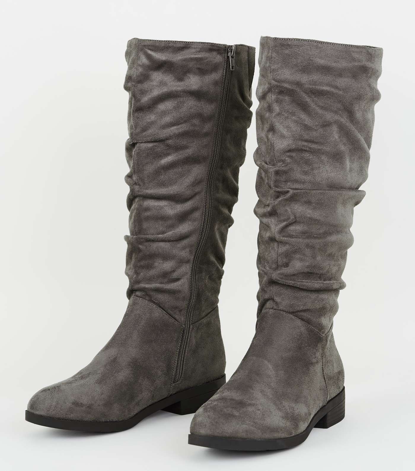 Wide Fit Grey Suedette Ruched Knee High Boots  Image 4