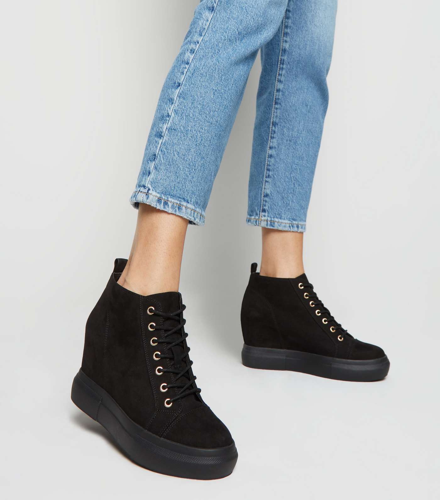 Black Suedette Lace Up Wedge Trainers Image 2