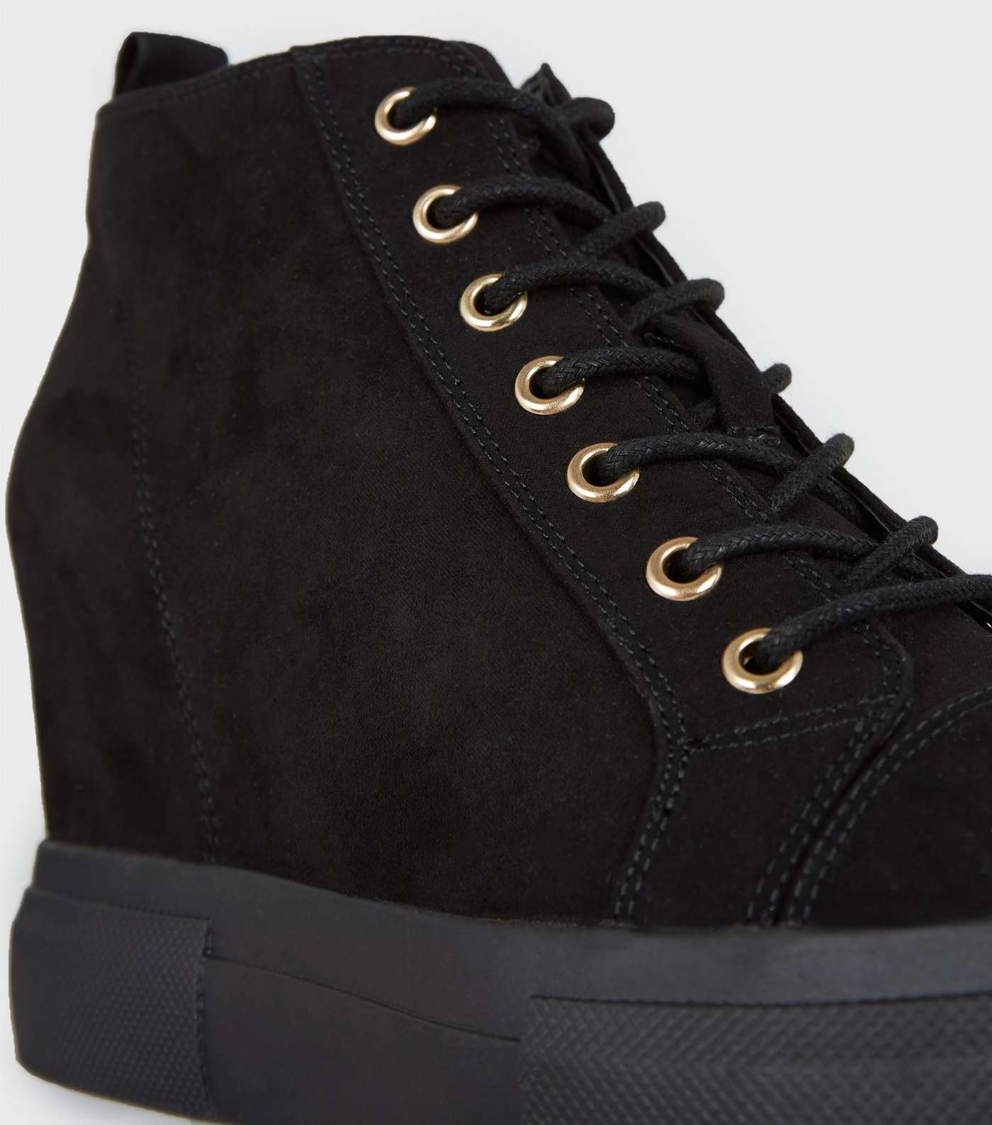 Black Suedette Lace Up Wedge Trainers Image 4