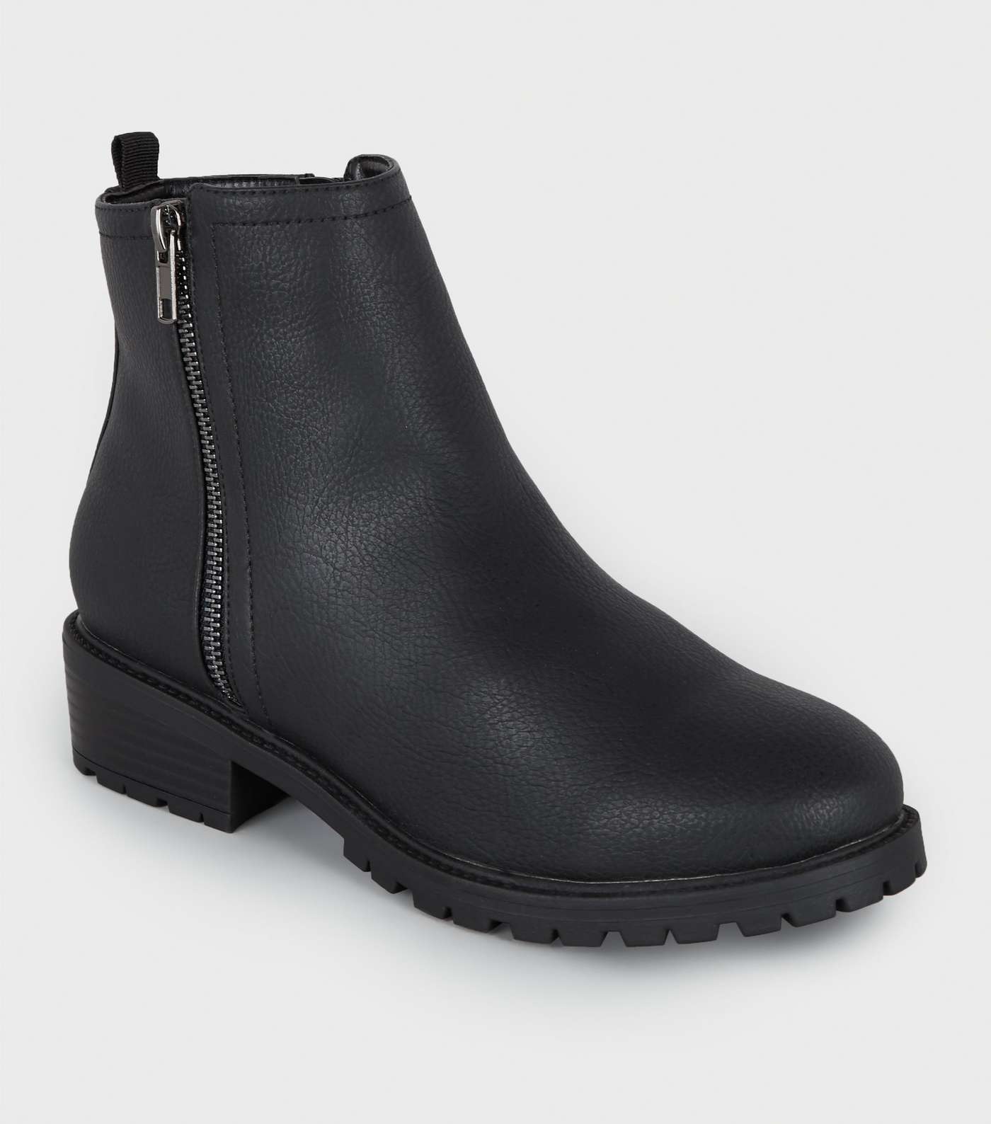 Wide Fit Black Leather-Look Chunky Boots