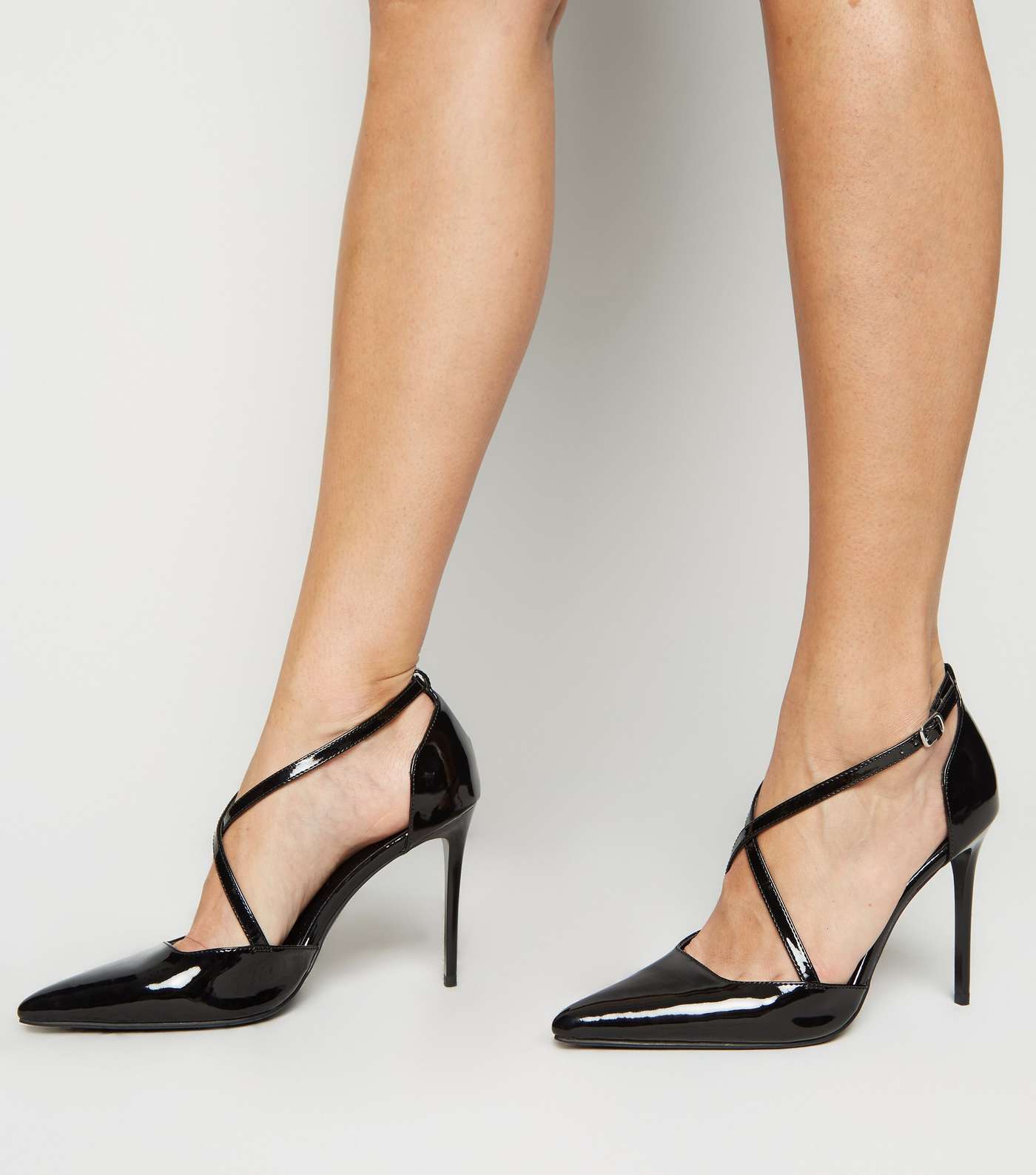 Black Patent Cross Strap Pointed Stiletto Courts Image 2