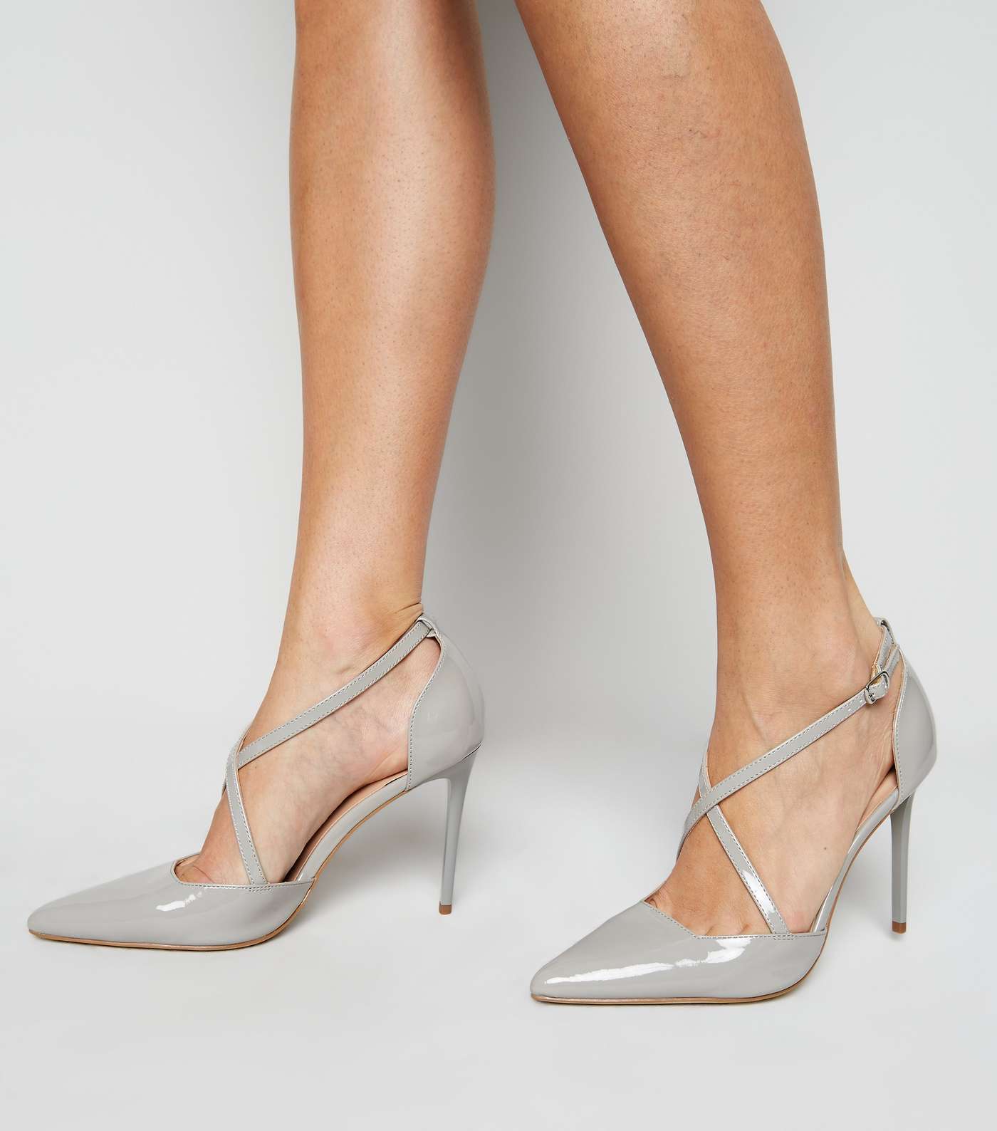 Grey Patent Cross Strap Pointed Stiletto Courts Image 2