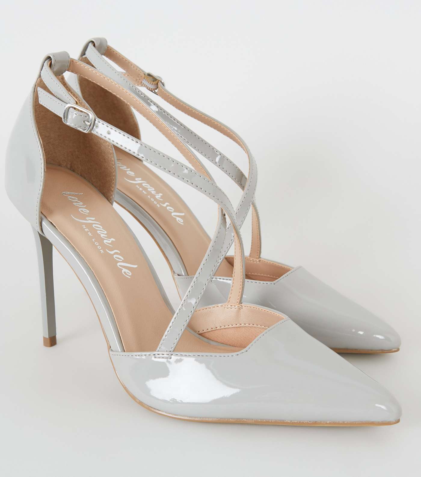 Grey Patent Cross Strap Pointed Stiletto Courts Image 4