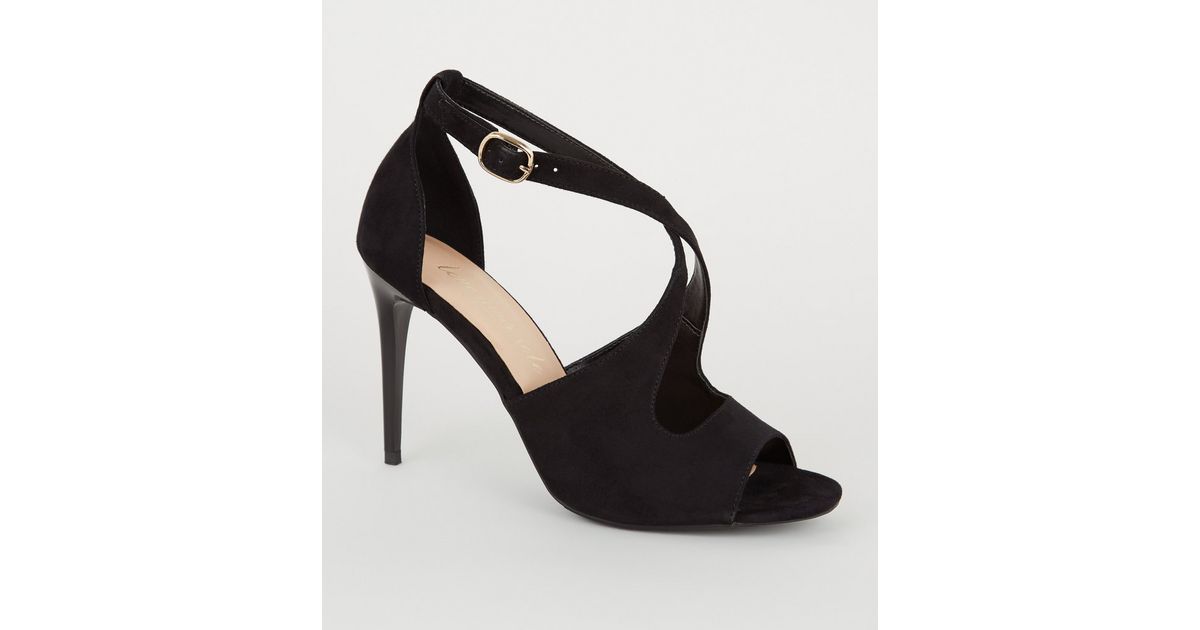 Black Cross Strap Peep Toe Stiletto Heels New Look