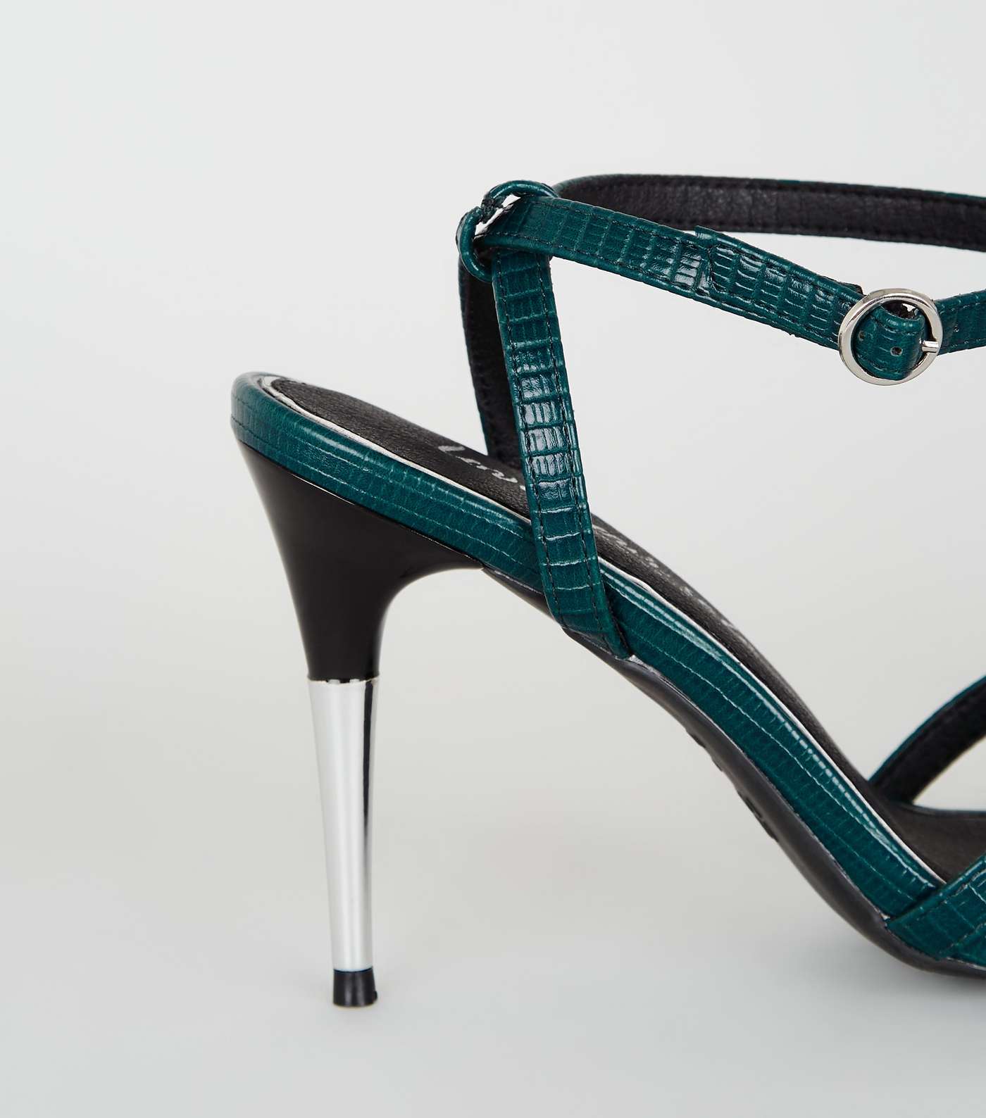 Teal Faux Snake Strappy Metal Stiletto Sandals Image 4