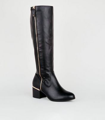 Wide Fit Black Leather-Look Knee High Boots | New Look